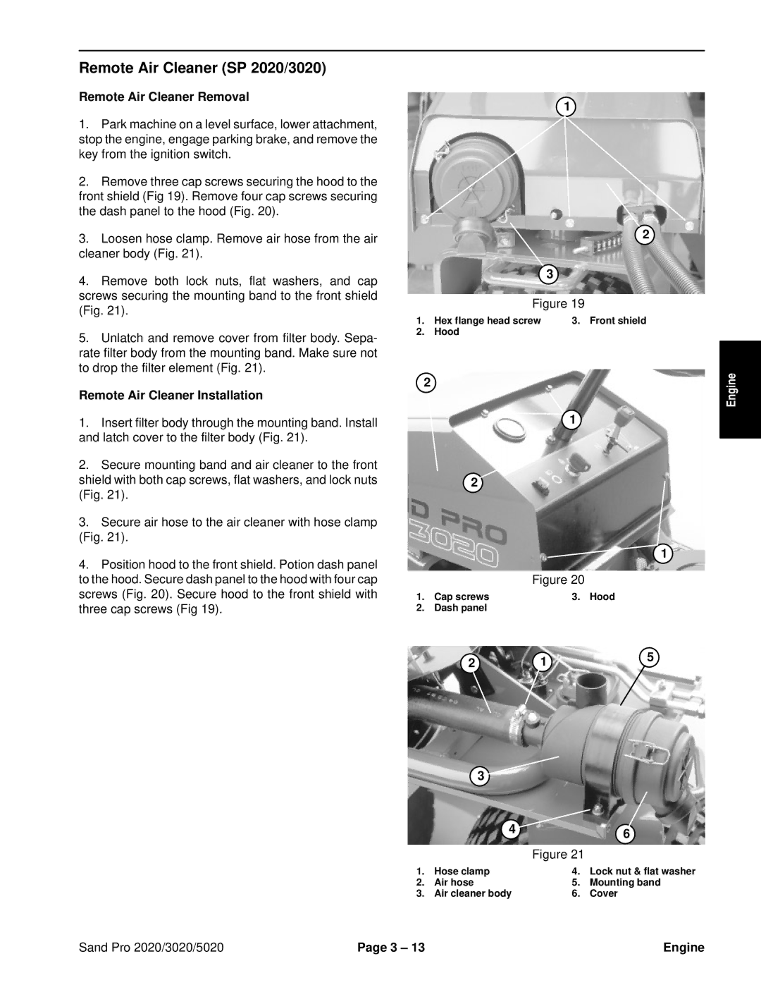 Toro 5020 service manual Remote Air Cleaner SP 2020/3020, Remote Air Cleaner Removal, Remote Air Cleaner Installation 