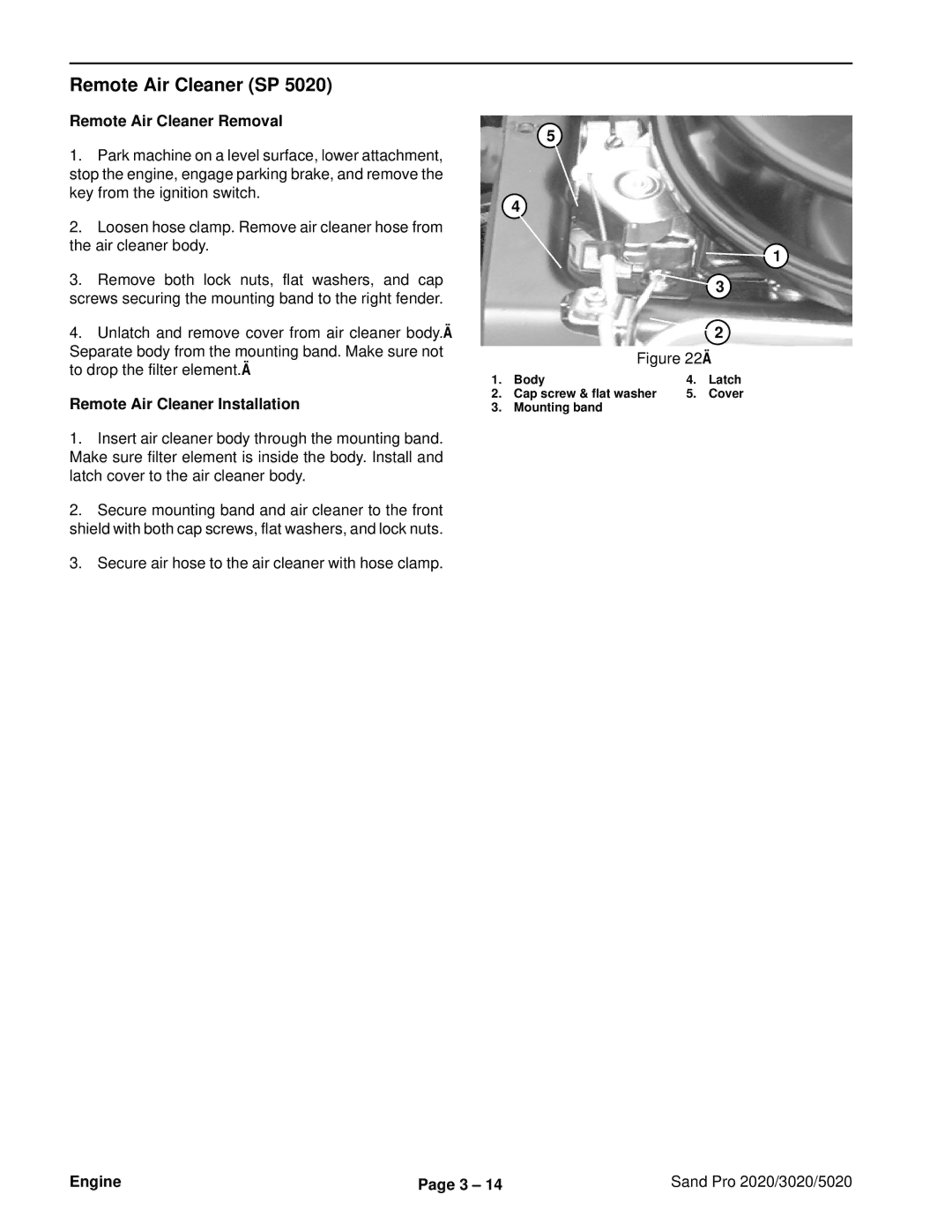 Toro service manual Remote Air Cleaner SP, Engine Sand Pro 2020/3020/5020 