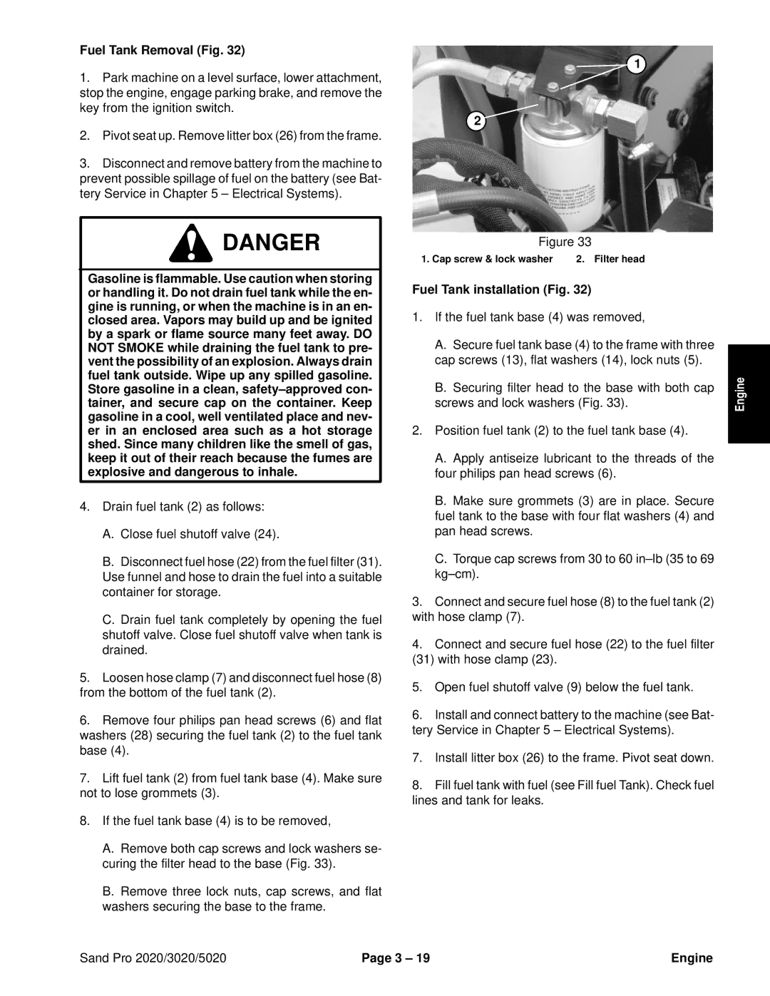 Toro 5020, 2020, 3020 service manual Fuel Tank Removal Fig, Fuel Tank installation Fig 