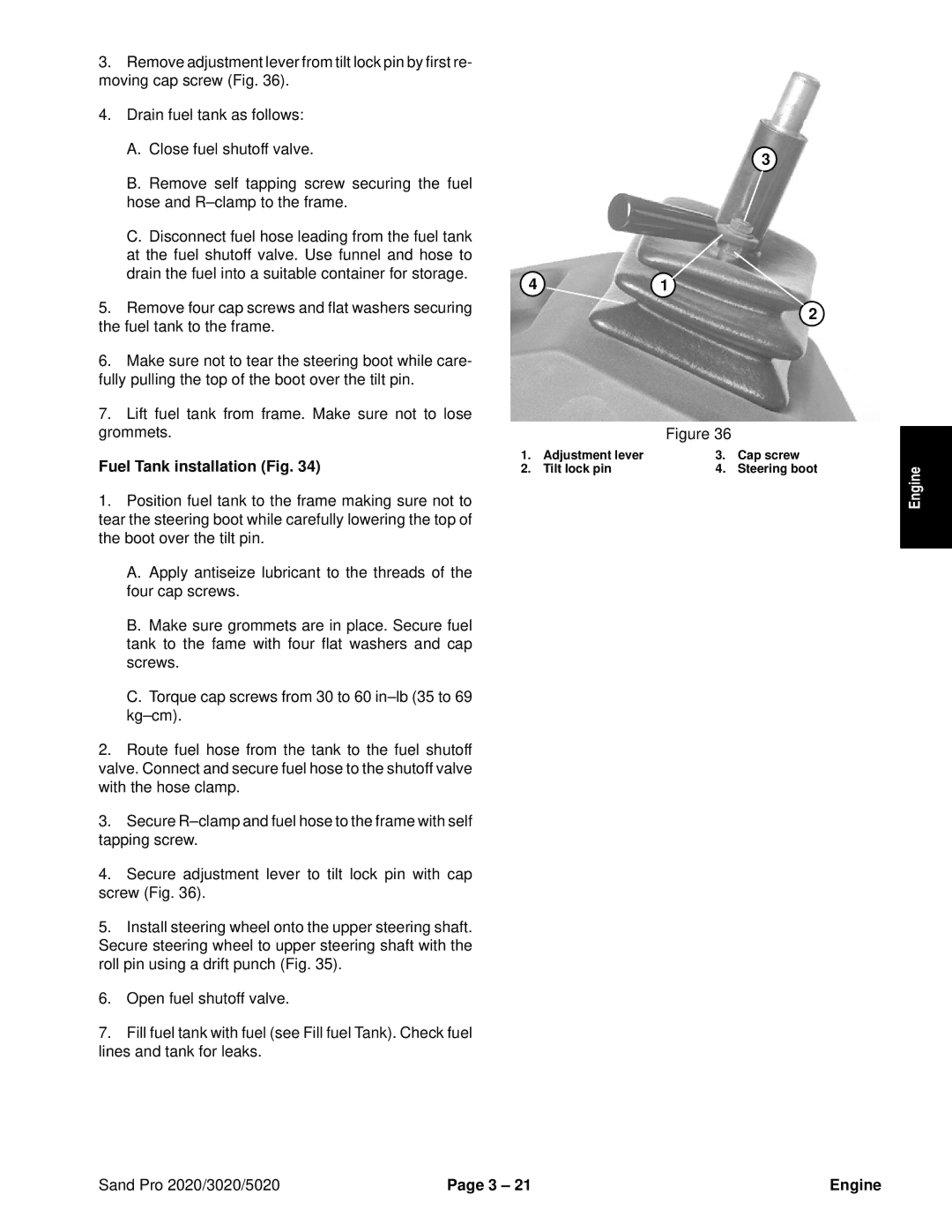 Toro 3020, 5020, 2020 service manual Adjustment lever Cap screw Tilt lock pin 