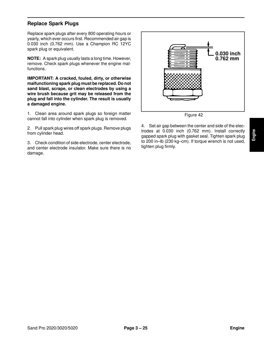 Toro 5020, 2020, 3020 service manual Replace Spark Plugs, Inch 762 mm 