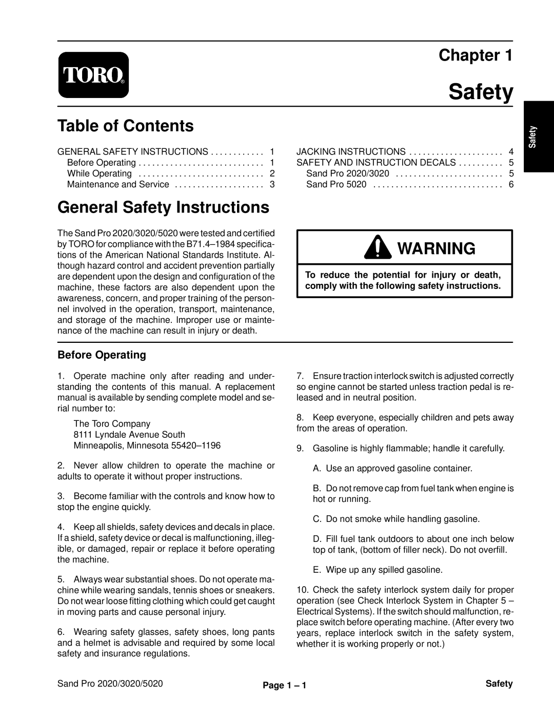 Toro service manual Chapter, General Safety Instructions, Before Operating, Sand Pro 2020/3020/5020 Safety 