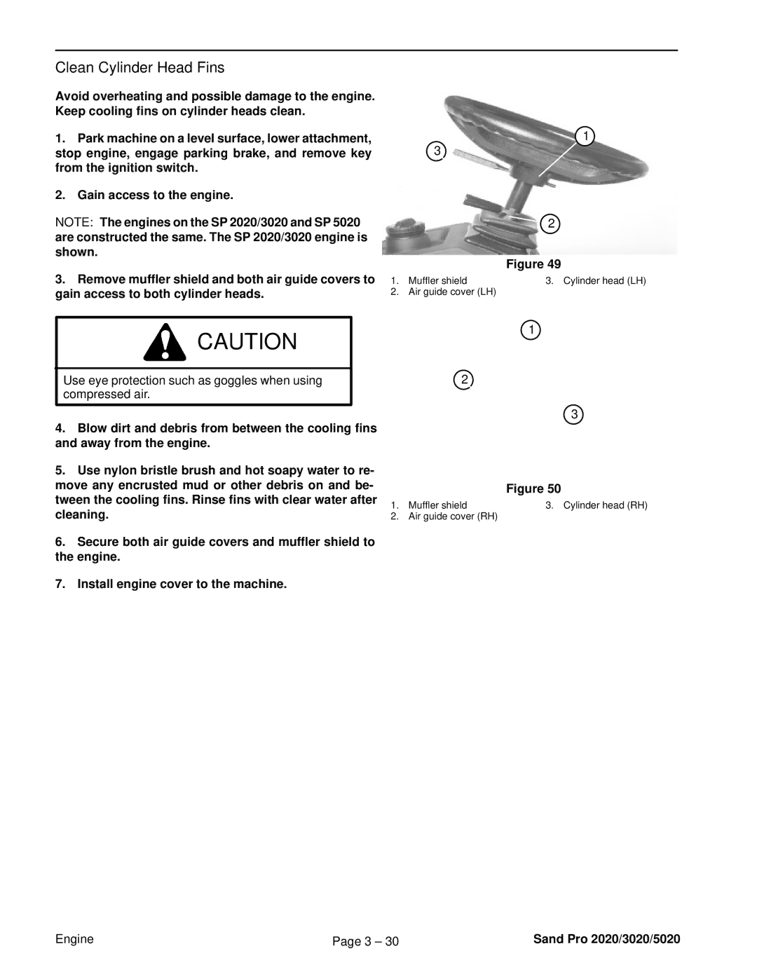 Toro 3020, 5020, 2020 service manual Clean Cylinder Head Fins, Use eye protection such as goggles when using compressed air 