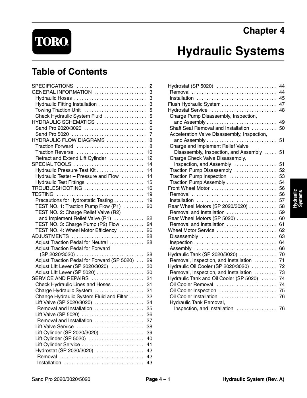 Toro service manual Hydraulic Systems, Sand Pro 2020/3020/5020 Hydraulic System Rev. a 