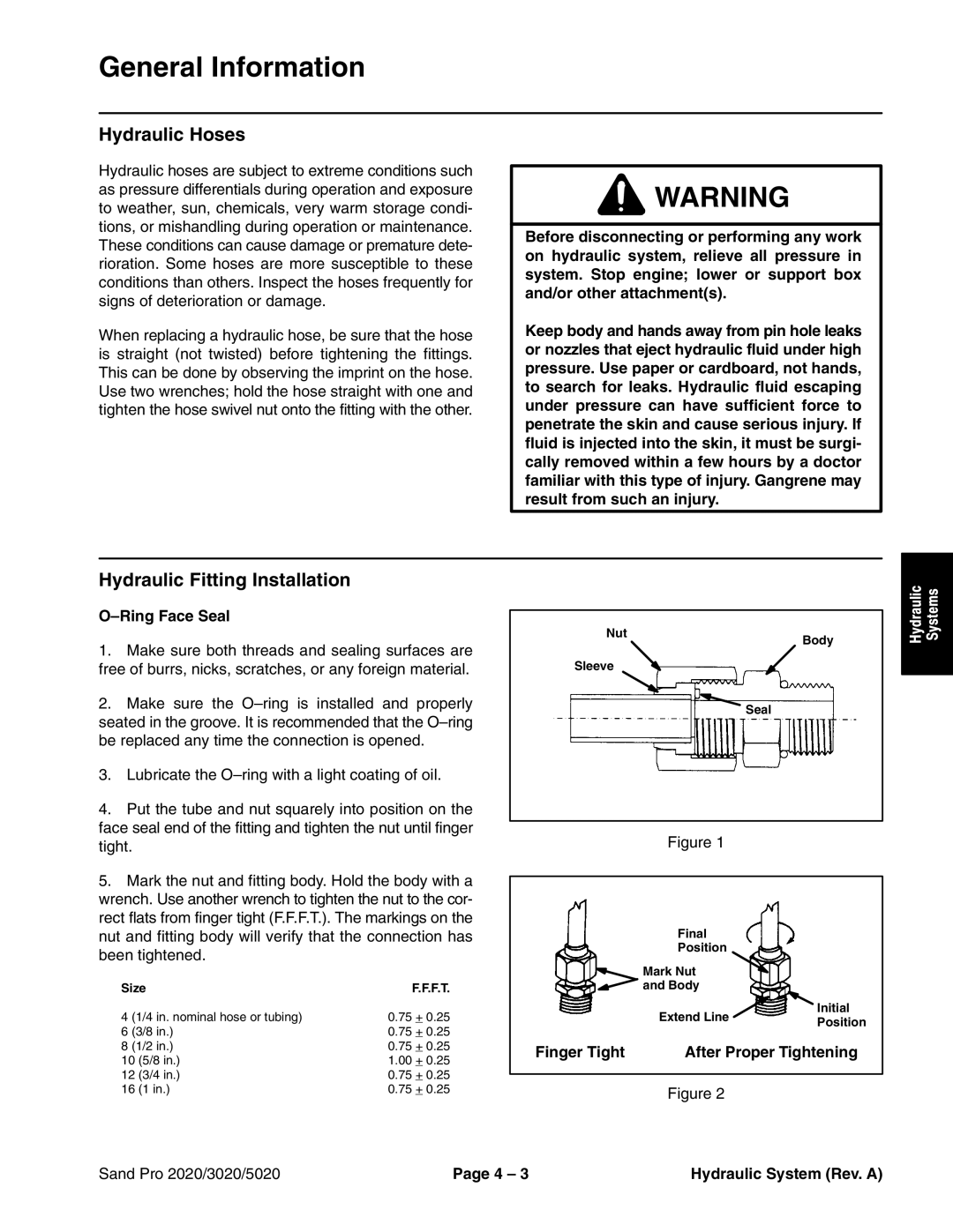 Toro 3020, 5020, 2020 service manual Hydraulic Hoses, Hydraulic Fitting Installation, Ring Face Seal 