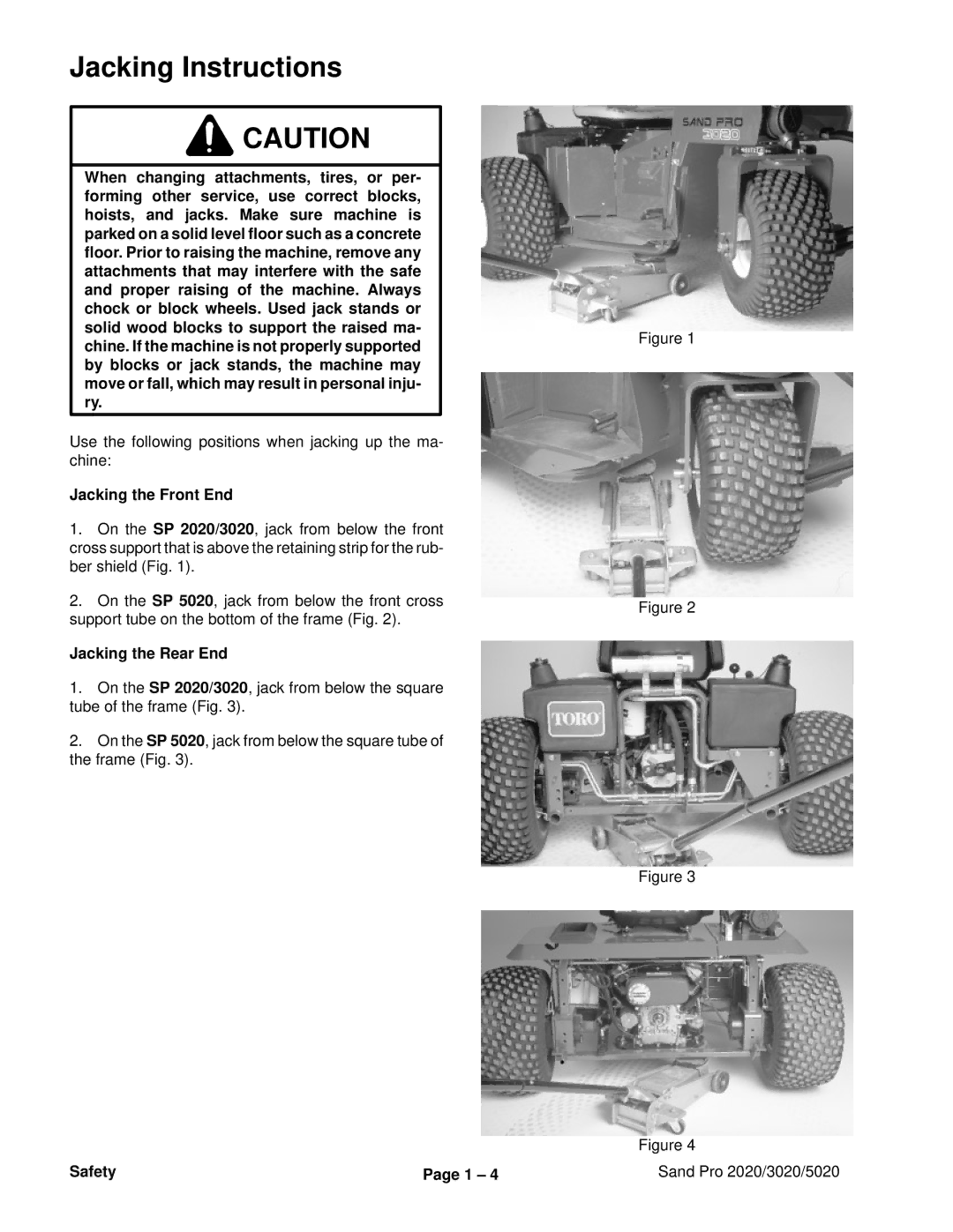 Toro 3020, 5020, 2020 service manual Jacking Instructions, Jacking the Front End, Jacking the Rear End 