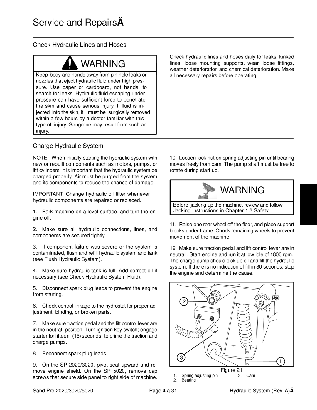 Toro 5020, 2020, 3020 service manual Check Hydraulic Lines and Hoses, Charge Hydraulic System 