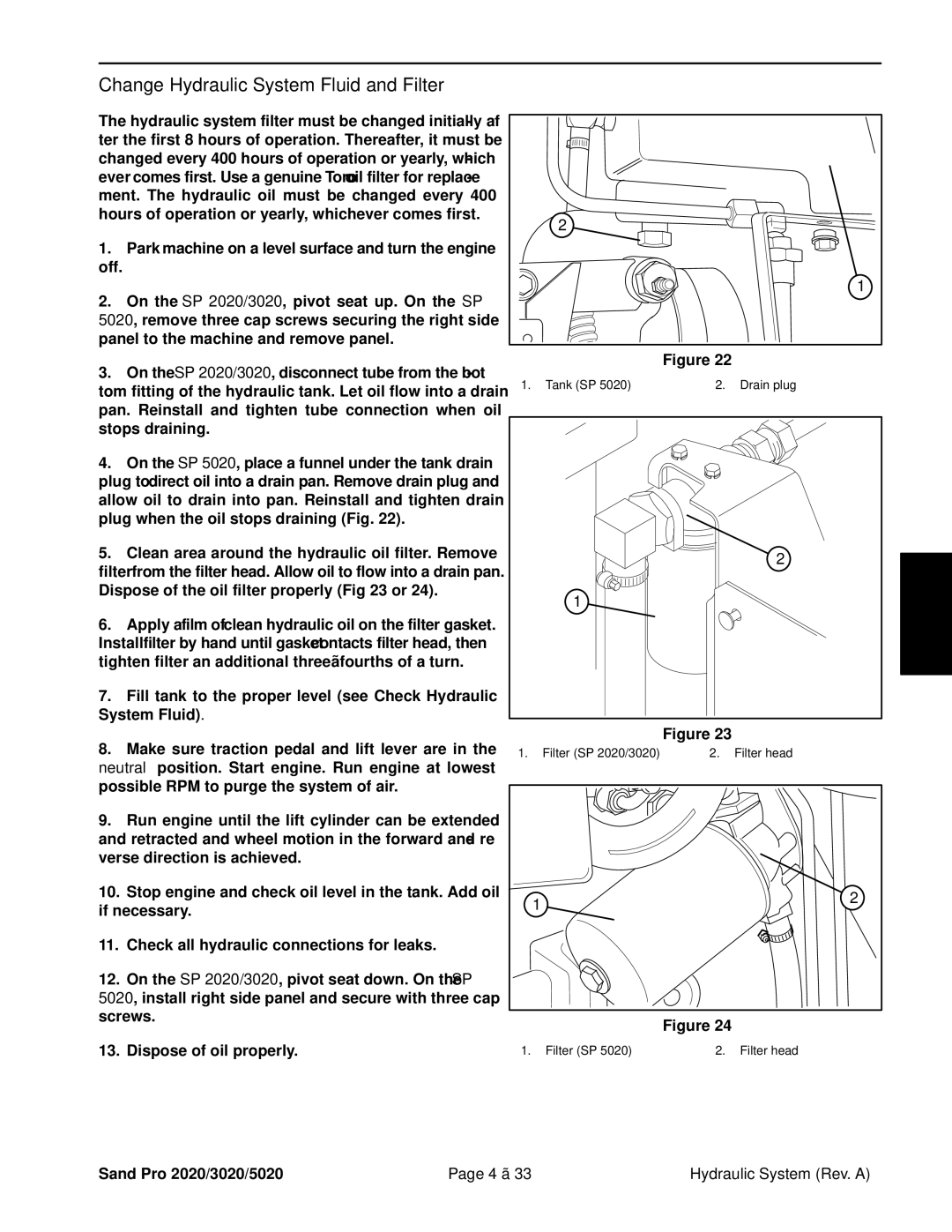 Toro 3020, 5020, 2020 service manual Change Hydraulic System Fluid and Filter 