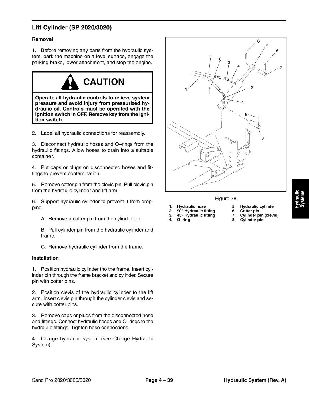 Toro 5020 service manual Lift Cylinder SP 2020/3020, Removal, Installation 