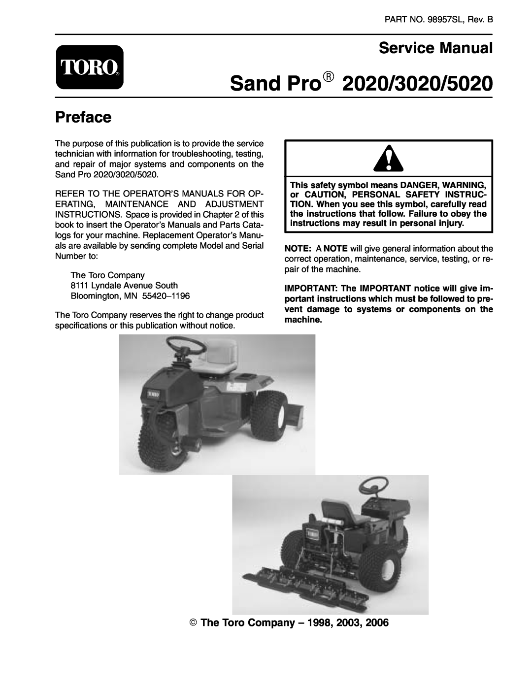 Toro service manual Sand ProR 2020/3020/5020, Service Manual, Preface, E The Toro Company - 1998, 2003 