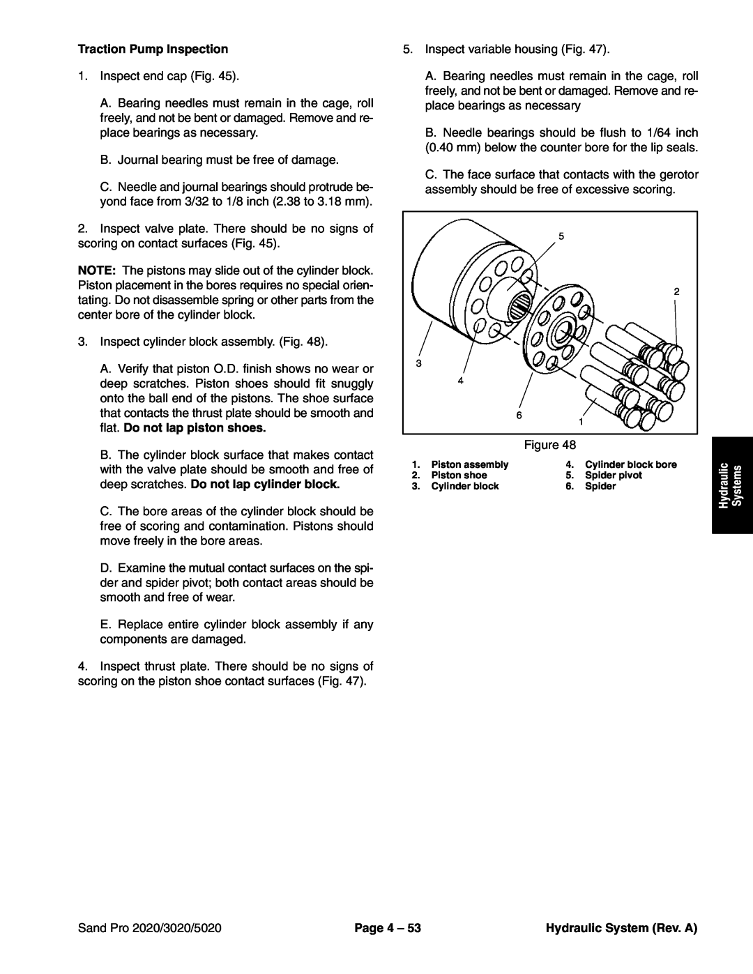 Toro service manual Traction Pump Inspection, Systems, Sand Pro 2020/3020/5020, Page 4, Hydraulic System Rev. A 