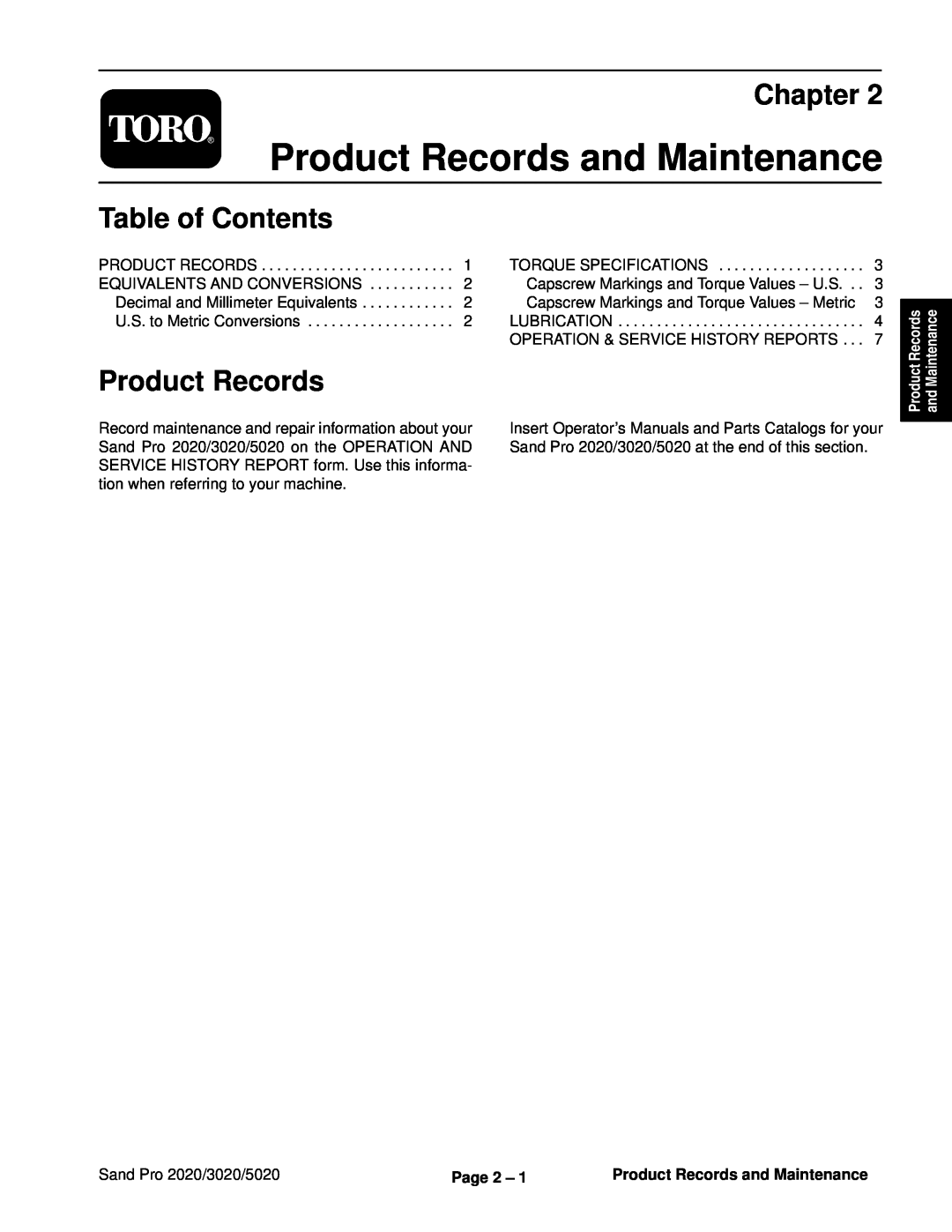 Toro service manual Product Records and Maintenance, Chapter, Table of Contents, Sand Pro 2020/3020/5020, Page 2 