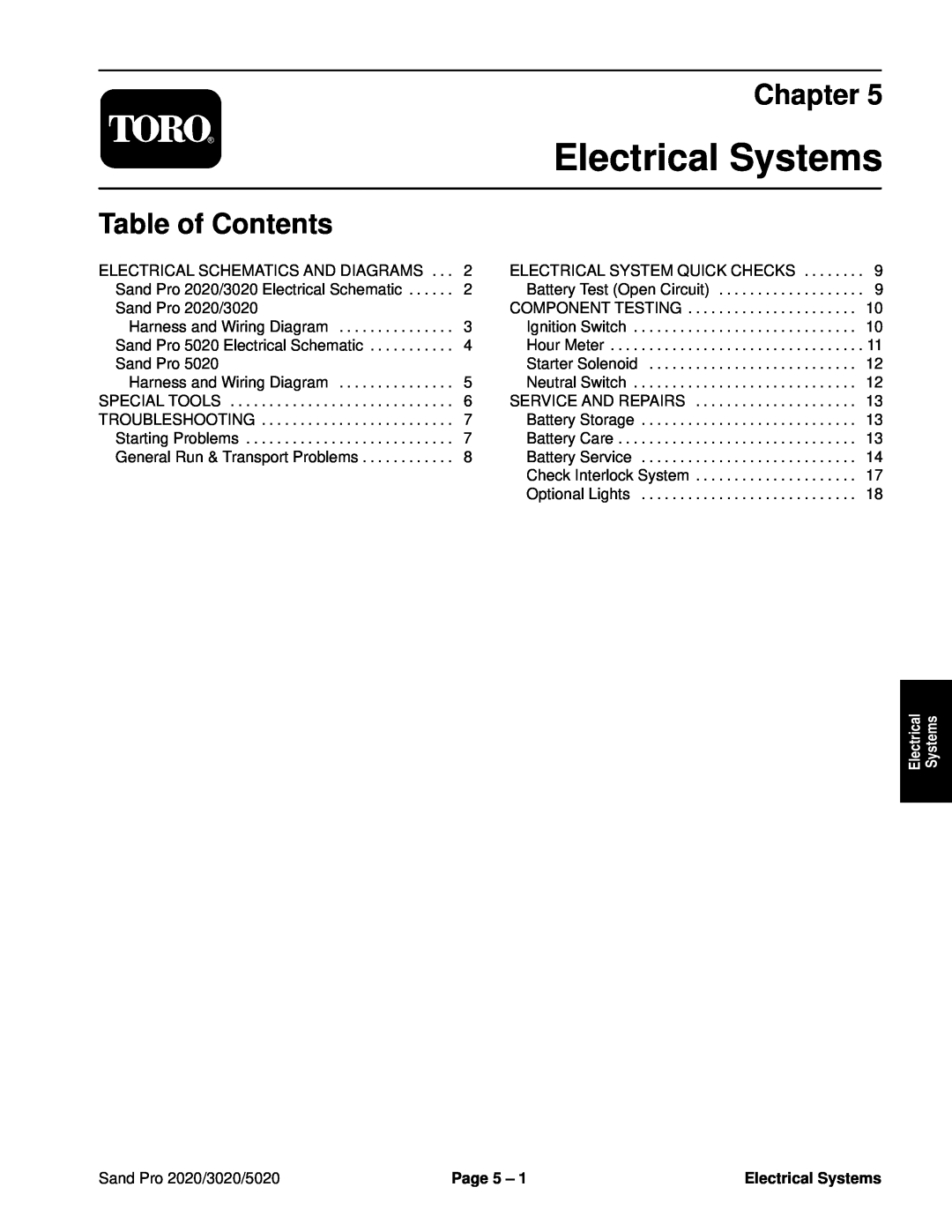 Toro service manual Electrical Systems, Chapter, Table of Contents, Sand Pro 2020/3020/5020, Page 5 