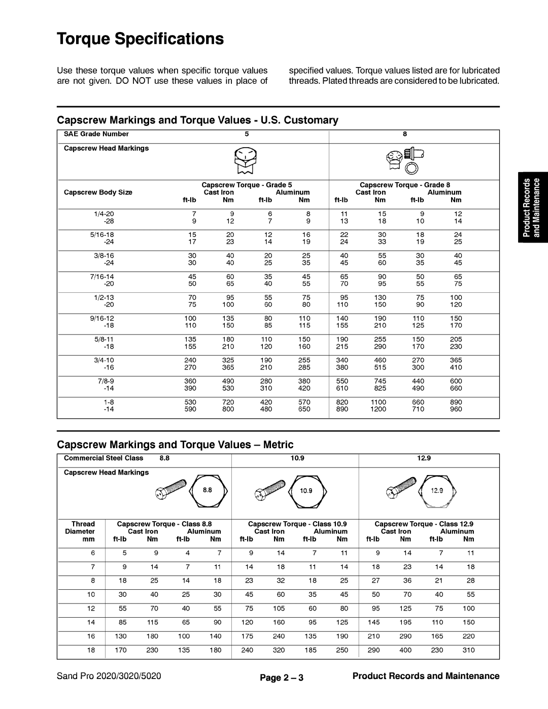 Toro service manual Torque Specifications, Sand Pro 2020/3020/5020, Page 2, Product Records and Maintenance 