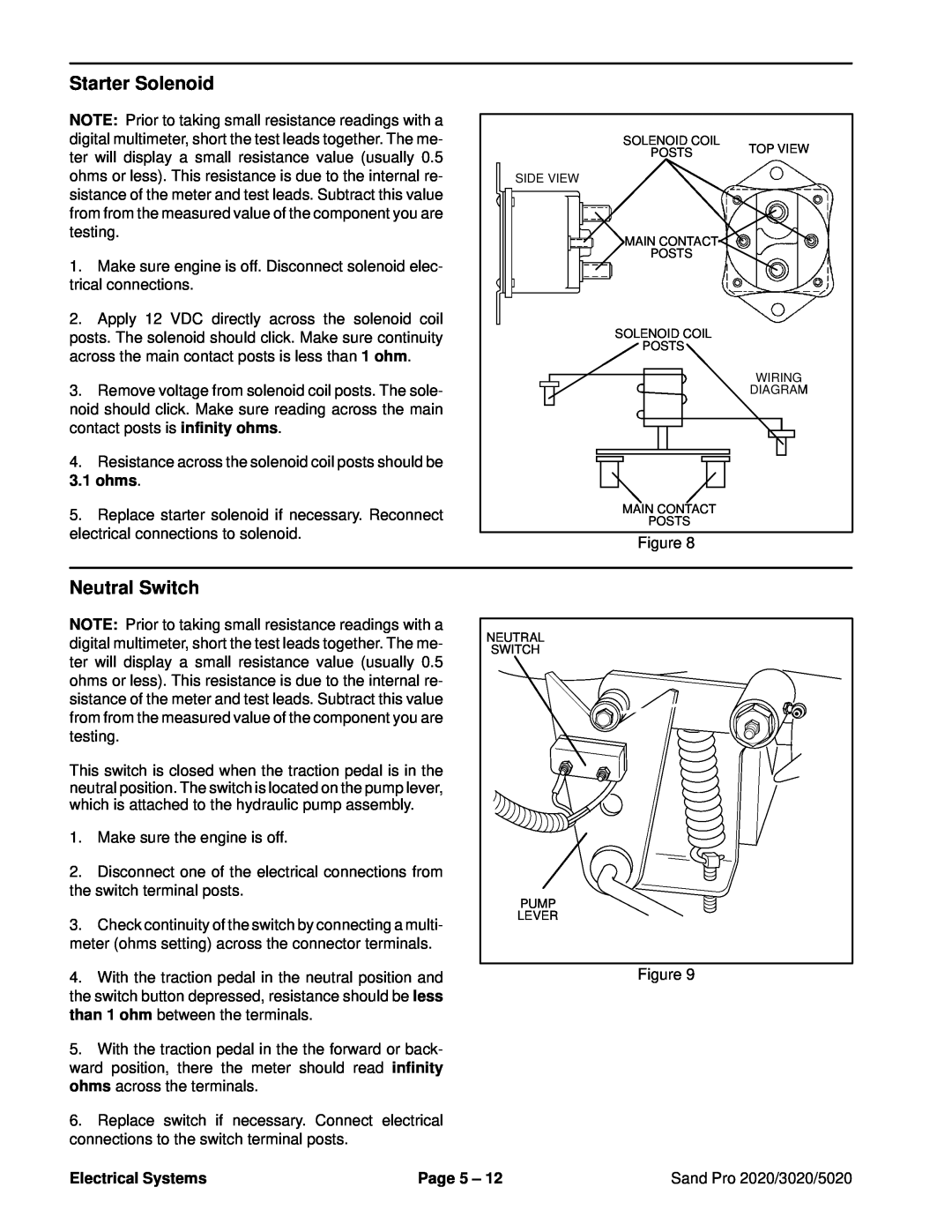 Toro service manual Starter Solenoid, Neutral Switch, ohms, Electrical Systems, Page 5, Sand Pro 2020/3020/5020 
