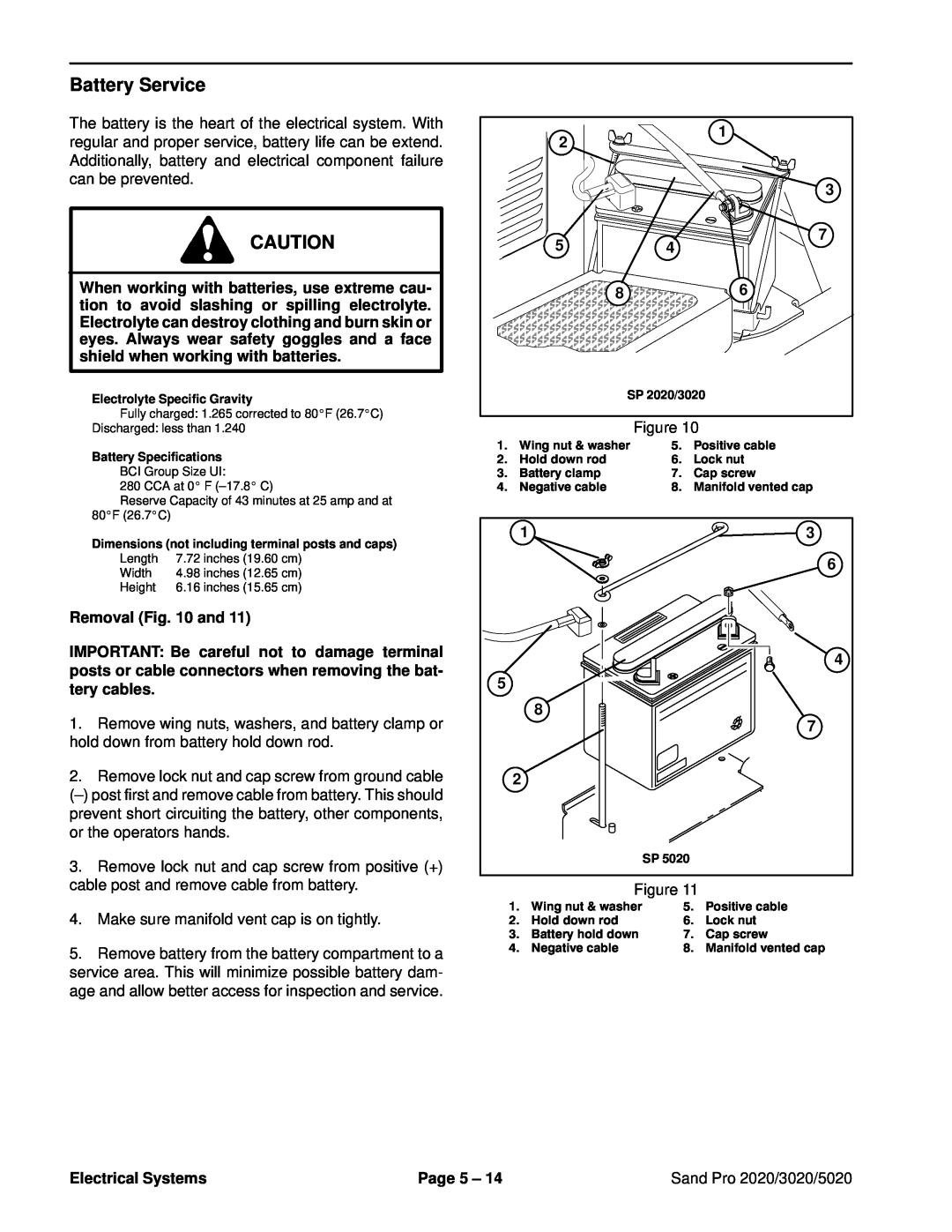 Toro service manual Battery Service, Removal and, Electrical Systems, Page 5, Sand Pro 2020/3020/5020 