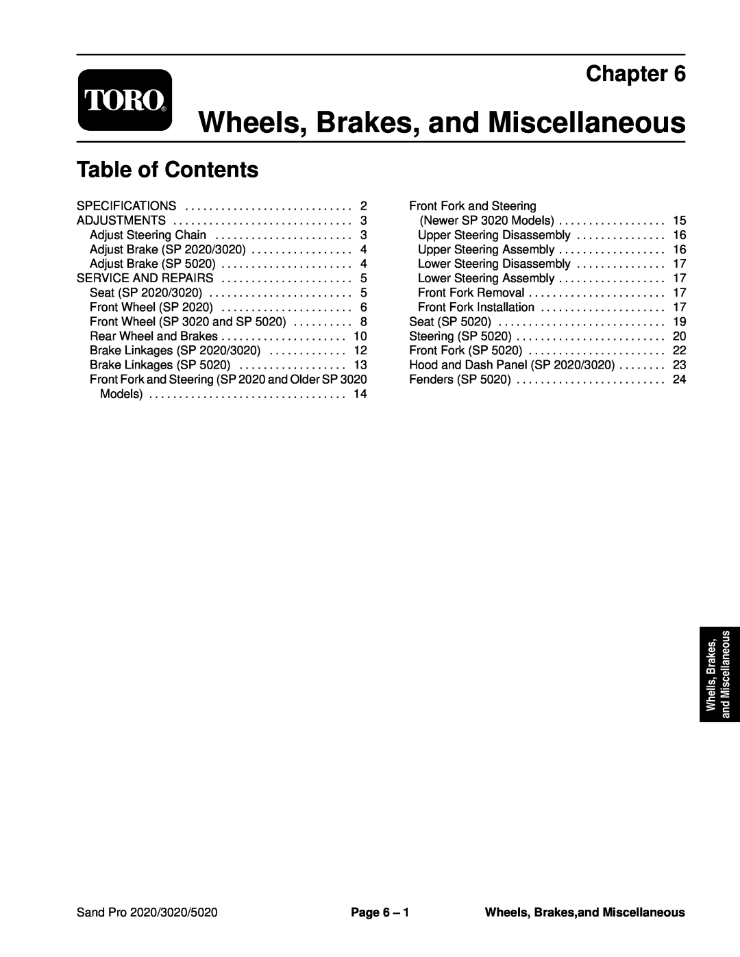 Toro service manual Wheels, Brakes, and Miscellaneous, Chapter, Table of Contents, Sand Pro 2020/3020/5020, Page 6 