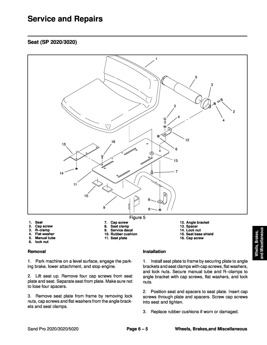 Toro service manual Seat SP 2020/3020, Service and Repairs, Removal, Installation, Sand Pro 2020/3020/5020, Page 6 