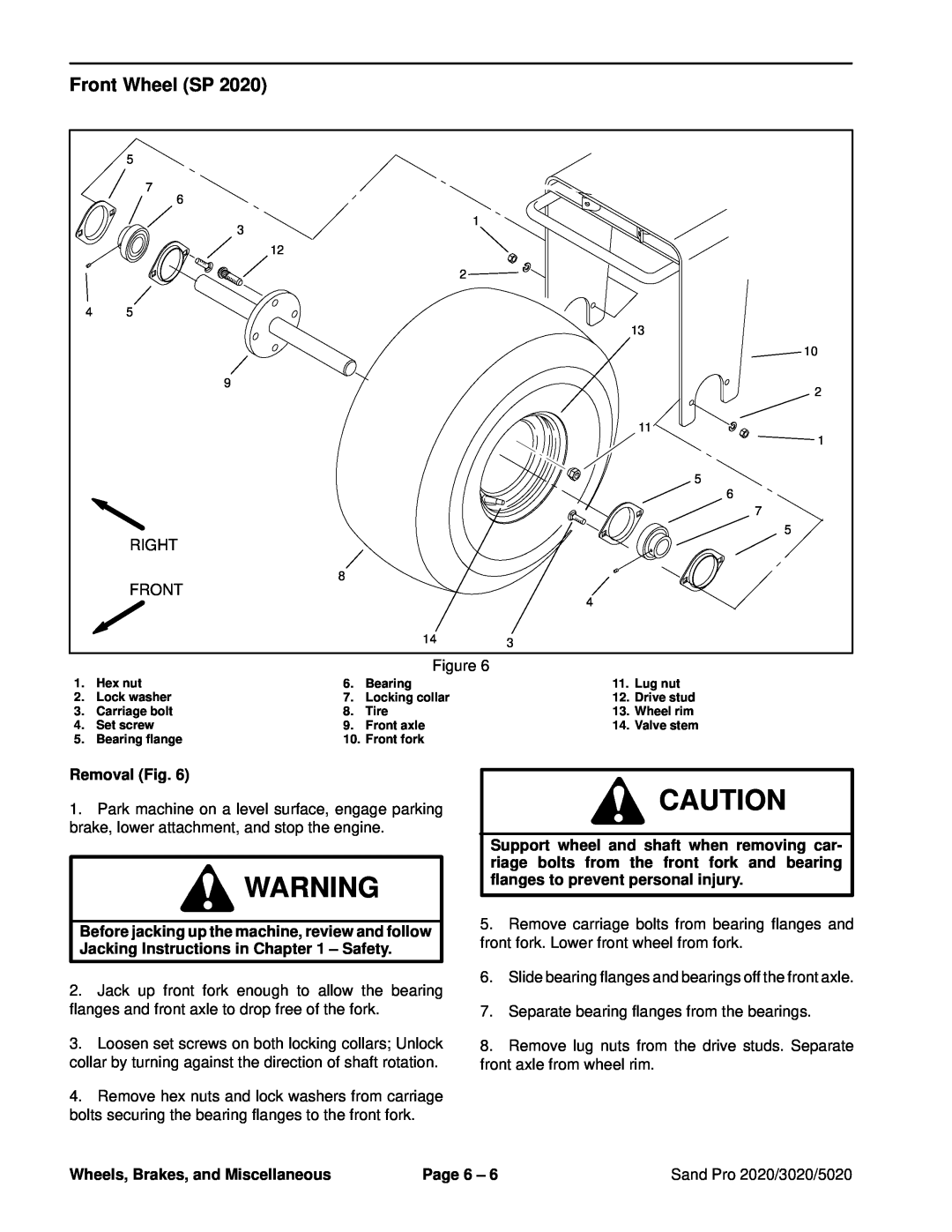 Toro service manual Front Wheel SP, Removal Fig, Wheels, Brakes, and Miscellaneous, Page 6, Sand Pro 2020/3020/5020 