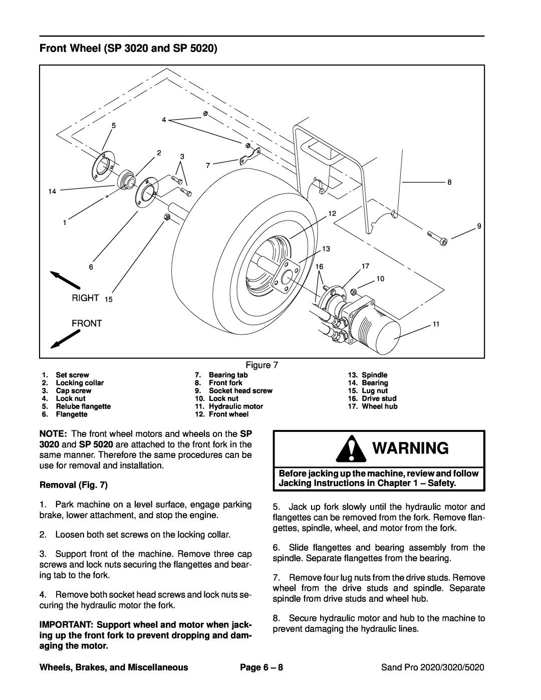 Toro Front Wheel SP 3020 and SP, Removal Fig, Wheels, Brakes, and Miscellaneous, Page 6, Sand Pro 2020/3020/5020 