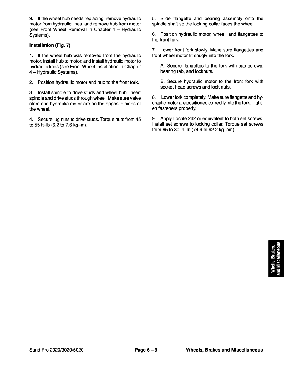 Toro service manual Installation Fig, Sand Pro 2020/3020/5020, Page 6, Wheels, Brakes,and Miscellaneous 