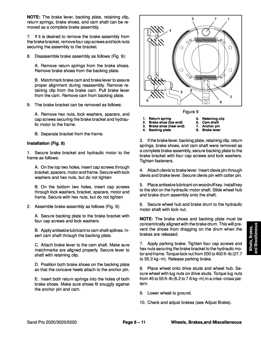 Toro service manual Disassemble brake assembly as follows Fig, Installation Fig, Sand Pro 2020/3020/5020, Page 6 