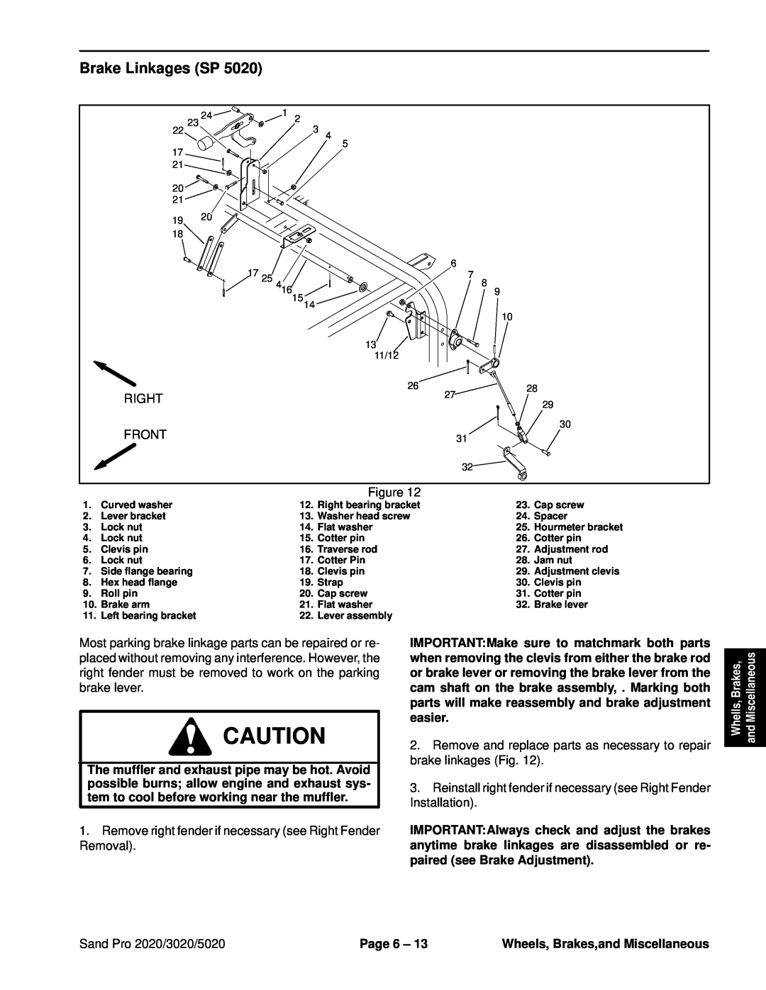 Toro service manual Brake Linkages SP, Right, Front, Sand Pro 2020/3020/5020, Page 6, Wheels, Brakes,and Miscellaneous 