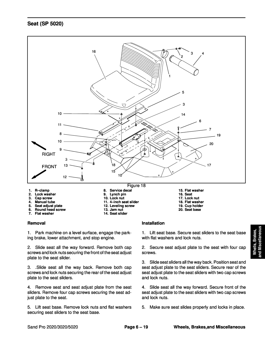 Toro service manual Seat SP, Removal, Installation, Sand Pro 2020/3020/5020, Page 6, Wheels, Brakes,and Miscellaneous 
