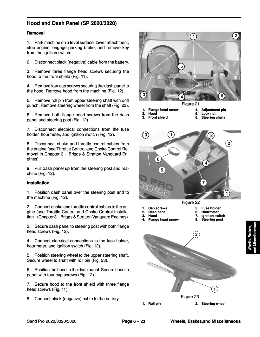 Toro service manual Hood and Dash Panel SP 2020/3020, Removal, Installation, Sand Pro 2020/3020/5020, Page 6 