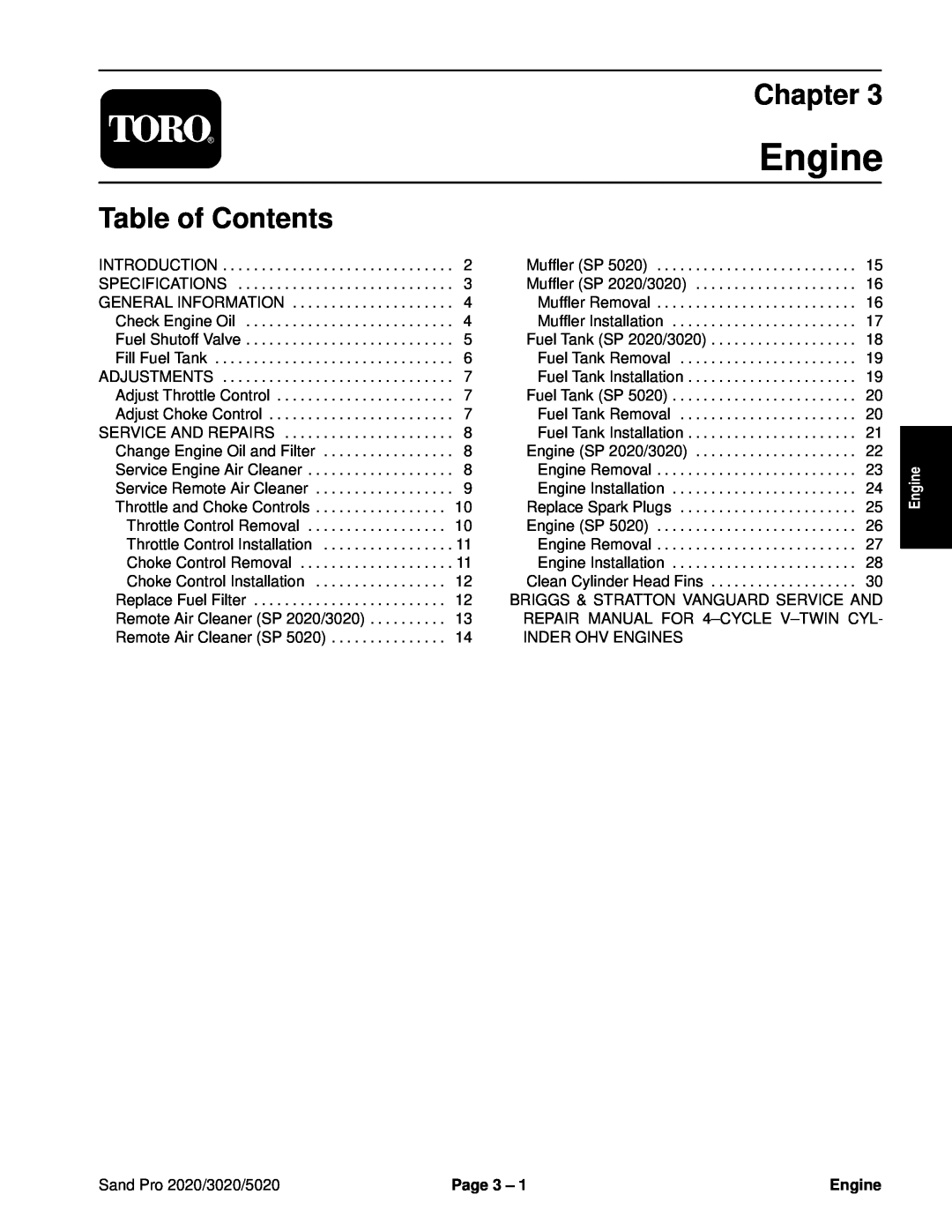 Toro service manual Engine, Chapter, Table of Contents, Sand Pro 2020/3020/5020, Page 3 