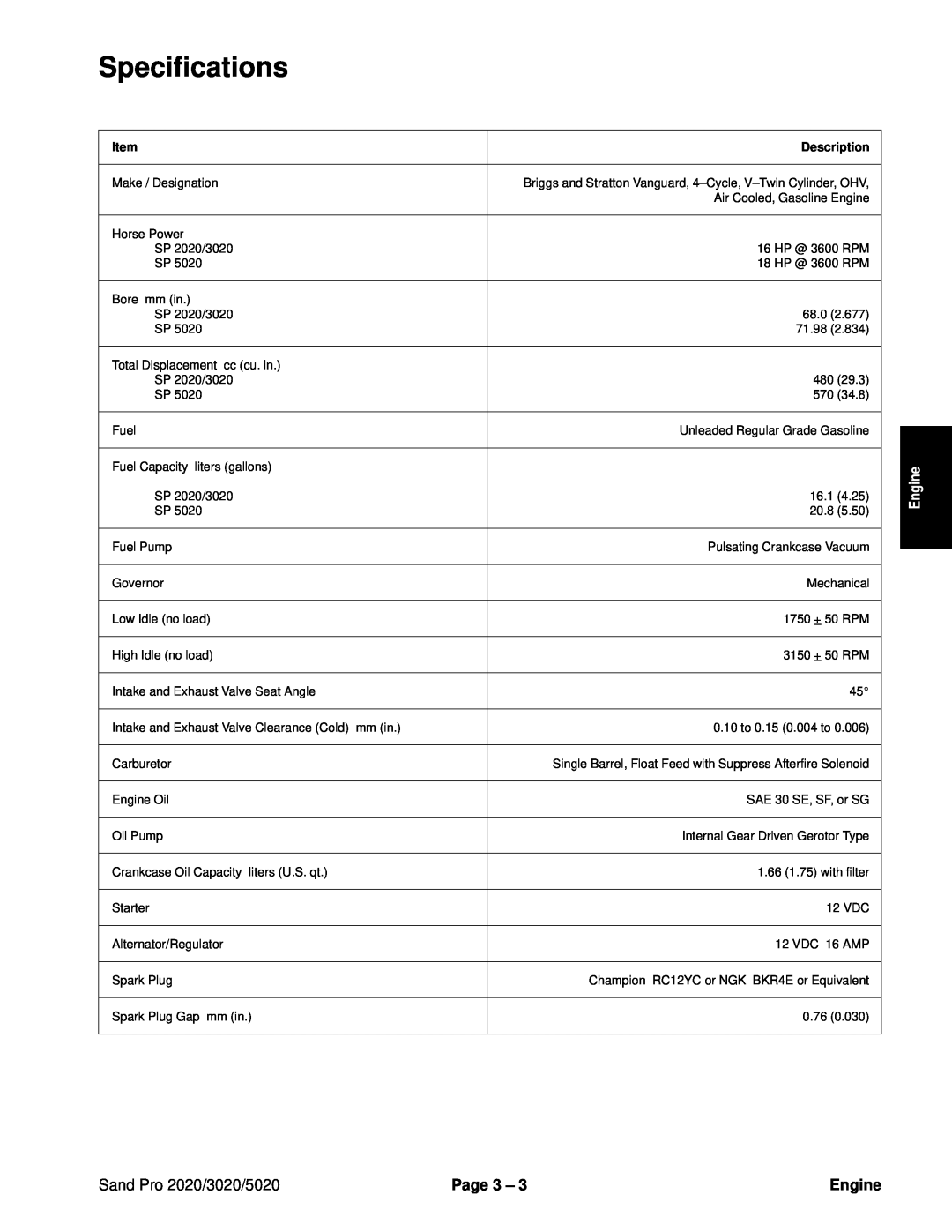 Toro service manual Specifications, Engine, Sand Pro 2020/3020/5020, Page 3 
