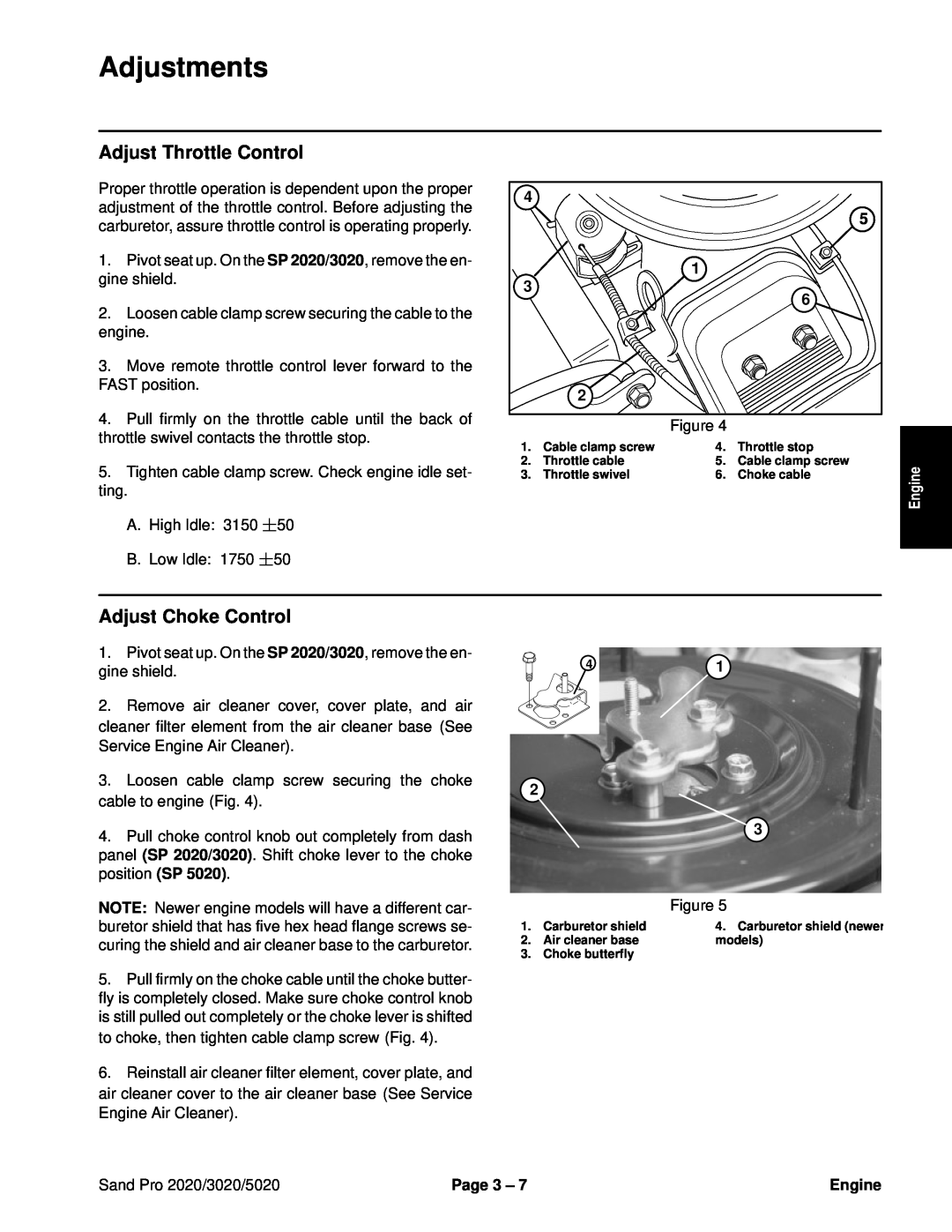 Toro service manual Adjustments, Adjust Throttle Control, Adjust Choke Control, Engine, Sand Pro 2020/3020/5020, Page 3 