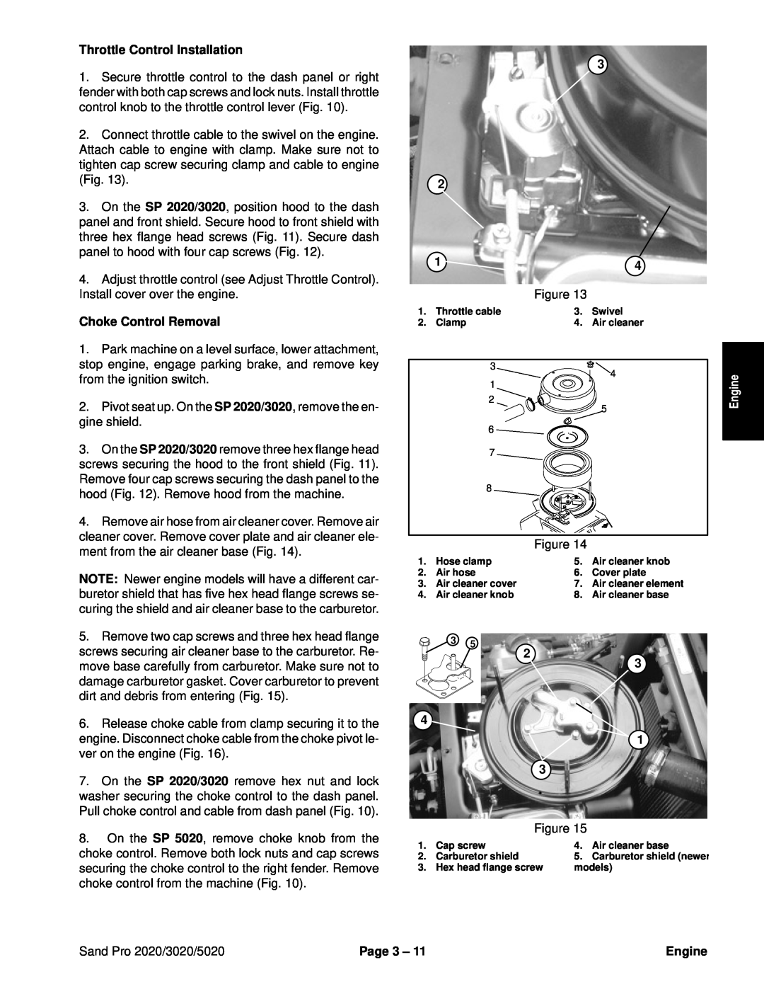 Toro service manual Throttle Control Installation, Choke Control Removal, Engine, Sand Pro 2020/3020/5020, Page 3 
