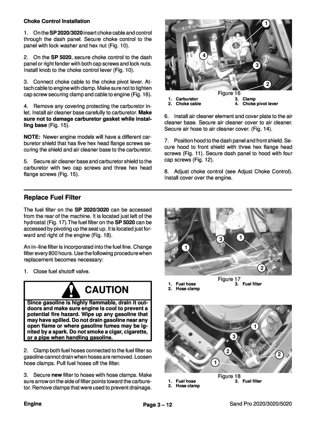 Toro 3020, 5020, 2020 service manual Replace Fuel Filter, Choke Control Installation, Engine, Page 3 