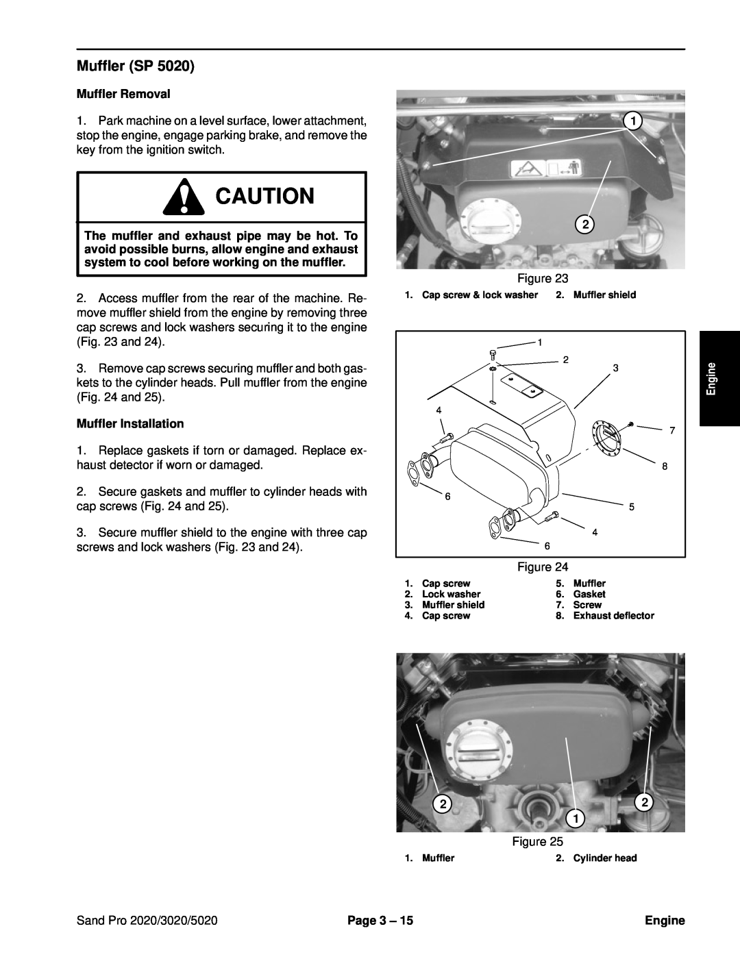 Toro service manual Muffler SP, Muffler Removal, Muffler Installation, Engine, Sand Pro 2020/3020/5020, Page 3 
