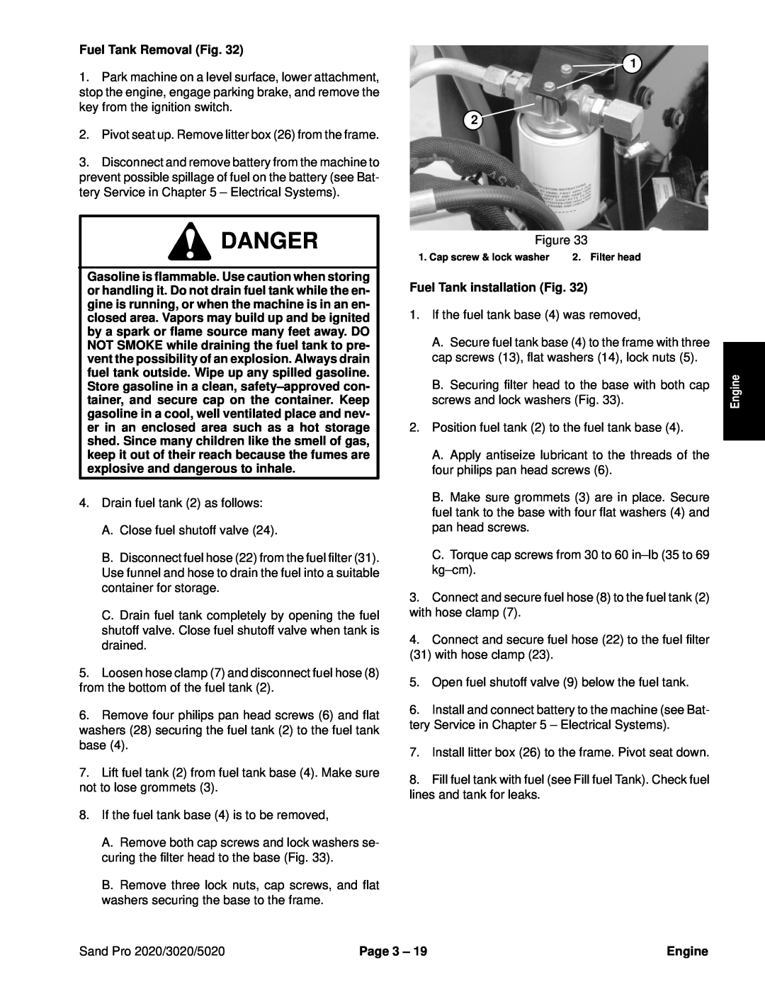 Toro service manual Danger, Fuel Tank Removal Fig, Fuel Tank installation Fig, Engine, Sand Pro 2020/3020/5020, Page 3 