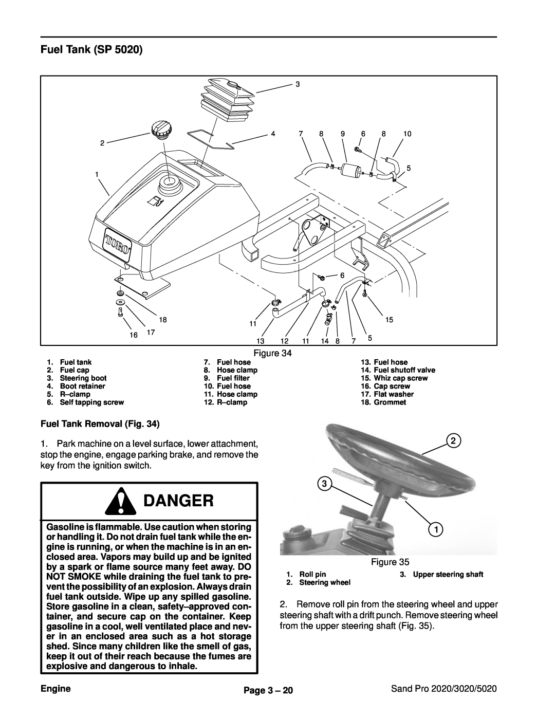 Toro service manual Fuel Tank SP, Danger, Fuel Tank Removal Fig, Engine, Page 3, Sand Pro 2020/3020/5020 