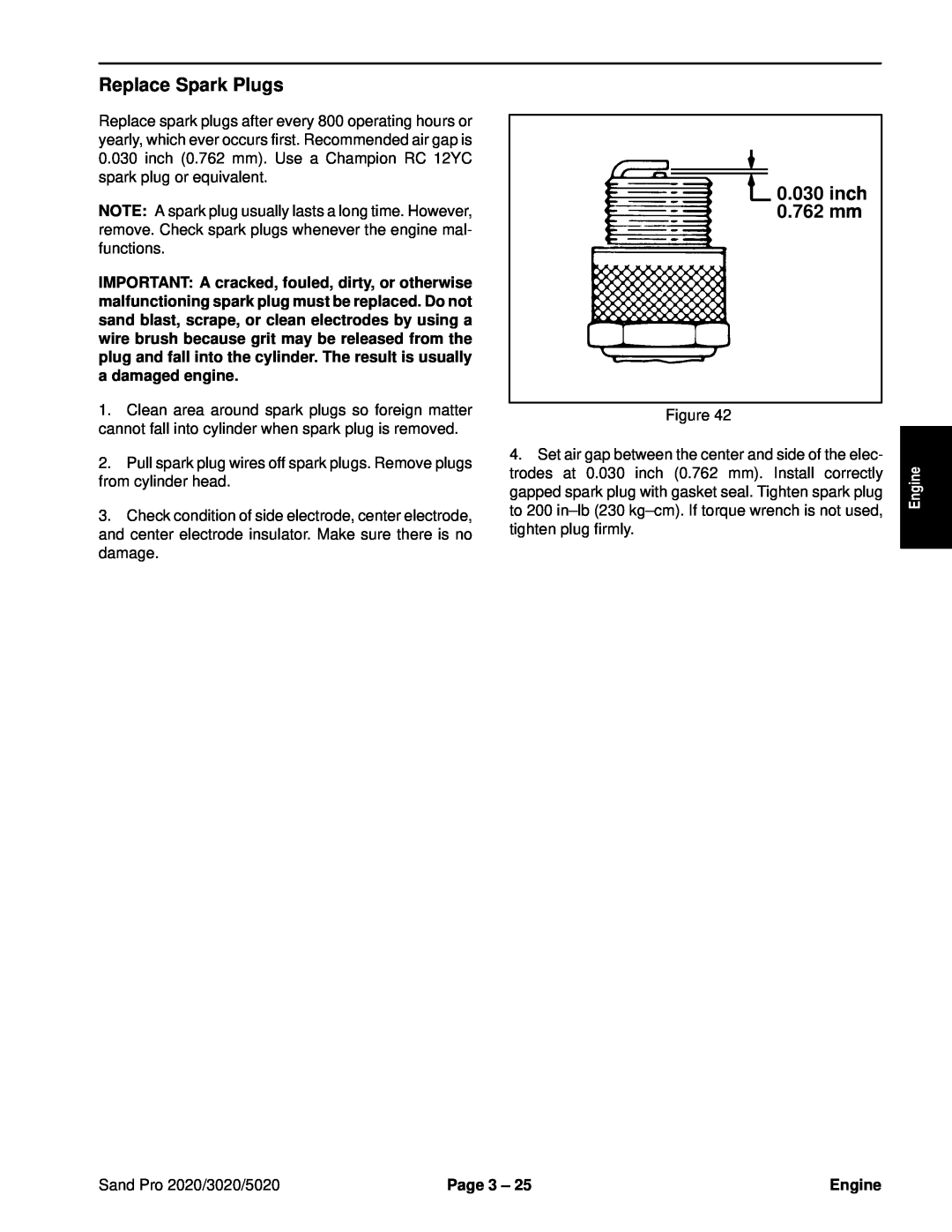 Toro service manual Replace Spark Plugs, inch 0.762 mm, Sand Pro 2020/3020/5020, Page 3, Engine 