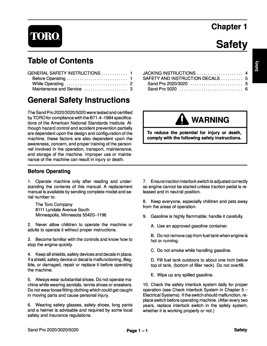 Toro Chapter, Table of Contents, General Safety Instructions, Before Operating, Sand Pro 2020/3020/5020, Page 1 