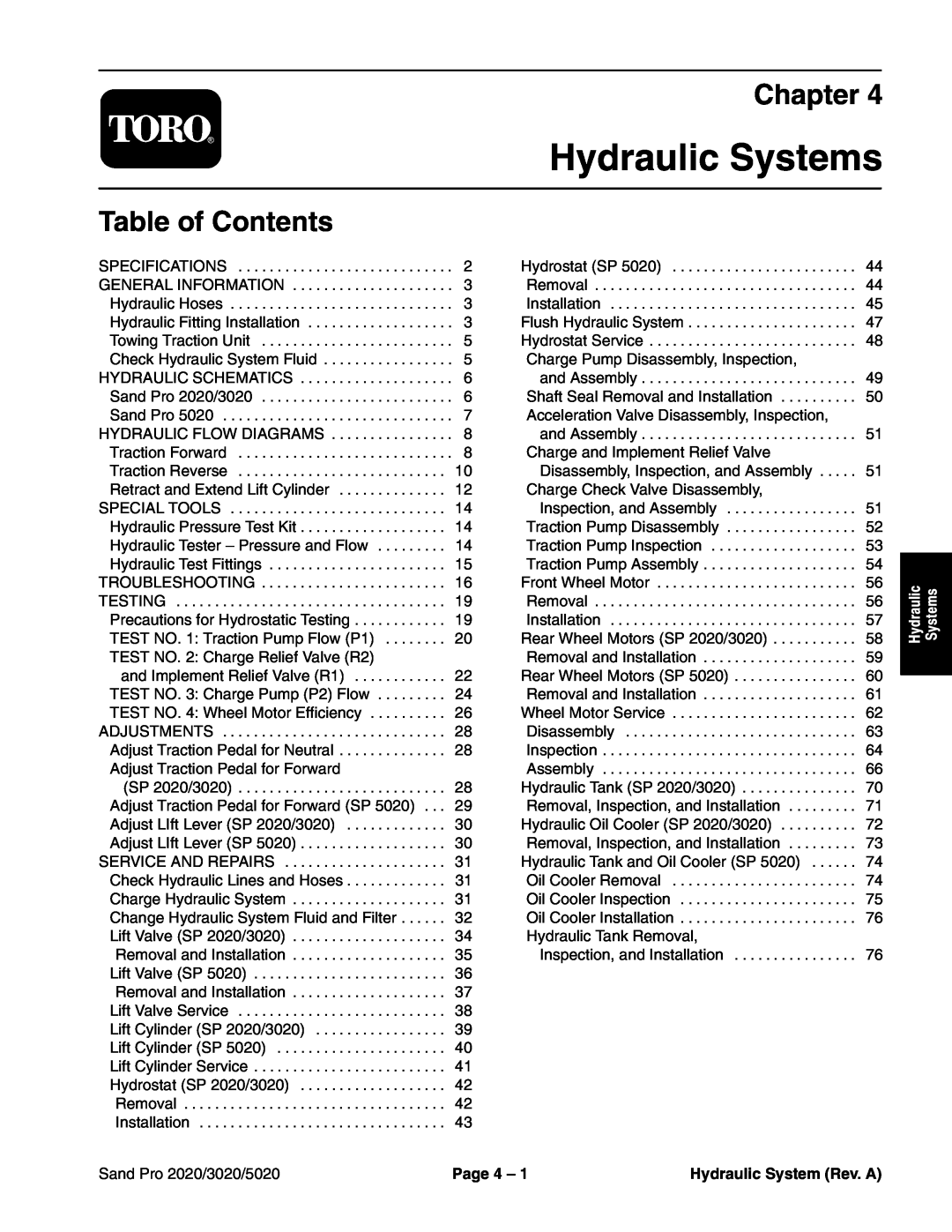 Toro Hydraulic Systems, Chapter, Table of Contents, Sand Pro 2020/3020/5020, Page 4, Hydraulic System Rev. A 