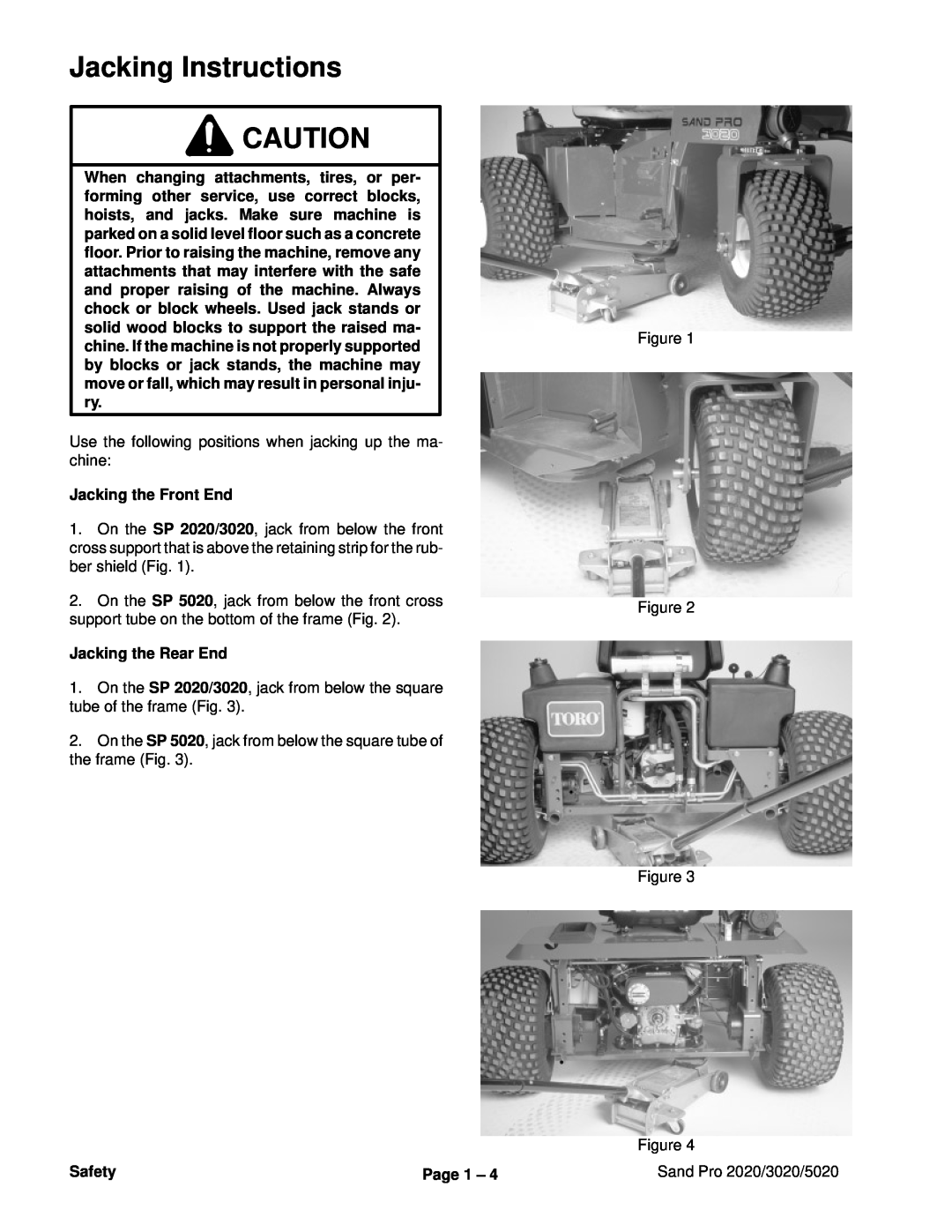 Toro 3020, 5020, 2020 service manual Jacking Instructions, Jacking the Front End, Jacking the Rear End, Safety, Page 1 