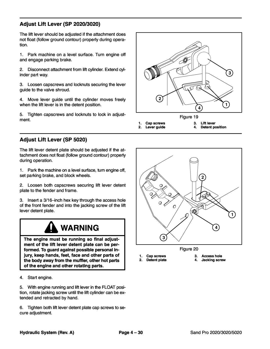 Toro service manual Adjust Lift Lever SP 2020/3020, Hydraulic System Rev. A, Page 4, Sand Pro 2020/3020/5020 