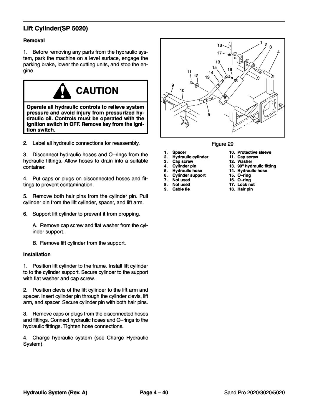 Toro service manual Lift CylinderSP, Removal, Installation, Hydraulic System Rev. A, Page 4, Sand Pro 2020/3020/5020 