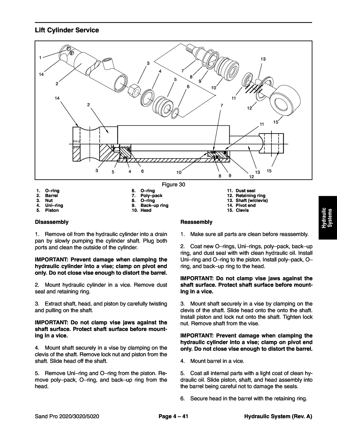 Toro service manual Lift Cylinder Service, Disassembly, Reassembly, Hydraulic, Systems, Sand Pro 2020/3020/5020, Page 4 