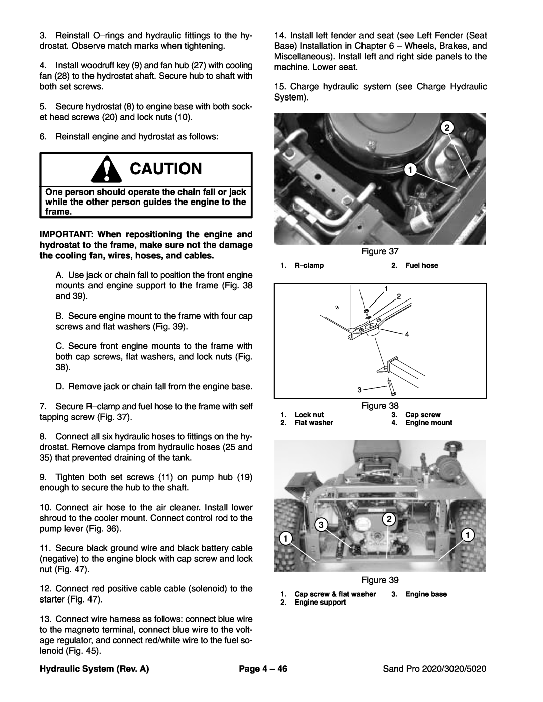 Toro service manual Reinstall engine and hydrostat as follows, Hydraulic System Rev. A, Page 4, Sand Pro 2020/3020/5020 