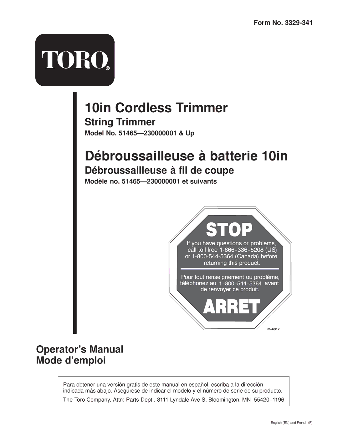 Toro 51465230000001 & Up manual String Trimmer, Débroussailleuse à fil de coupe, Operators Manual Mode demploi 