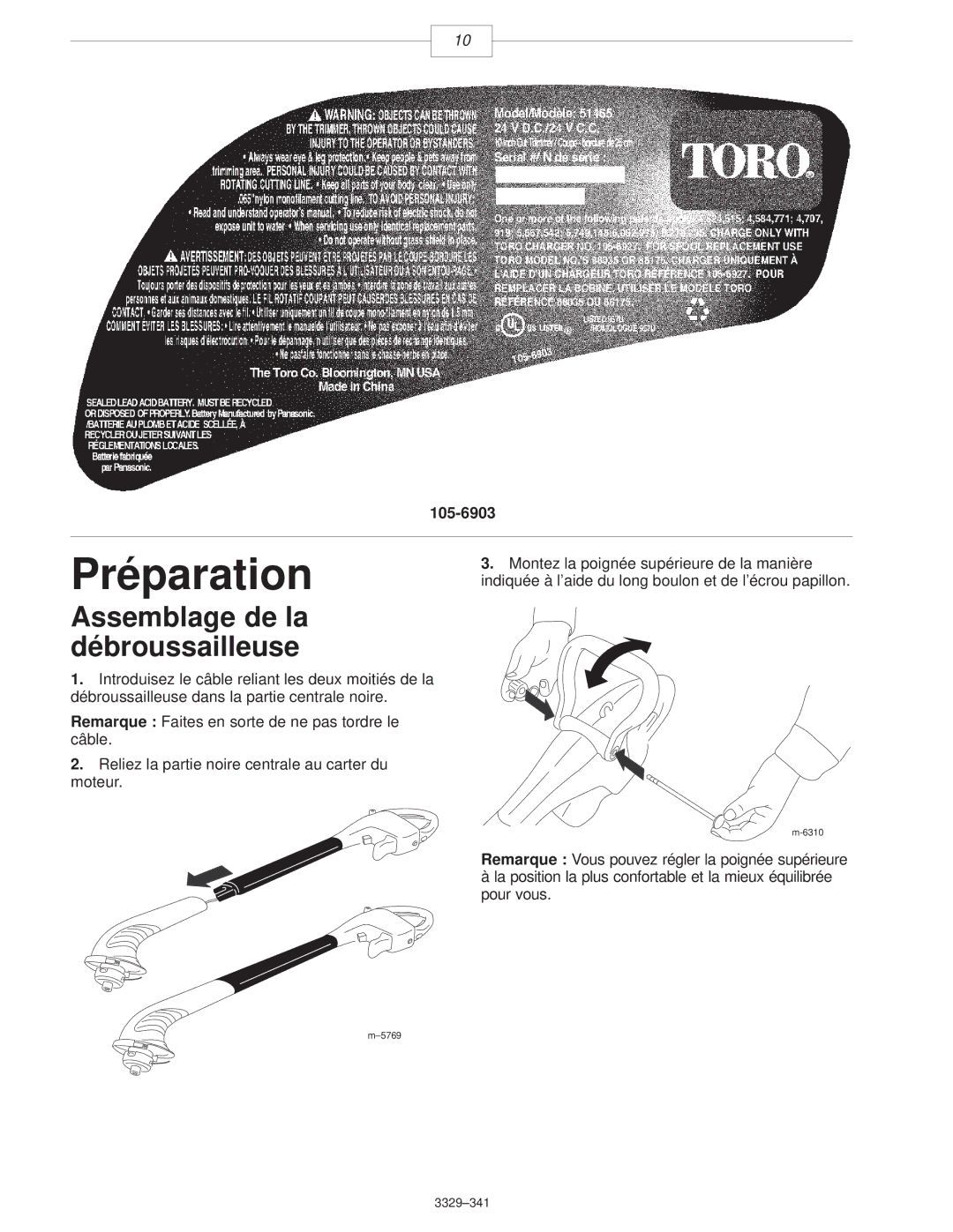 Toro 51465230000001 & Up manual Préparation, Assemblage de la débroussailleuse 