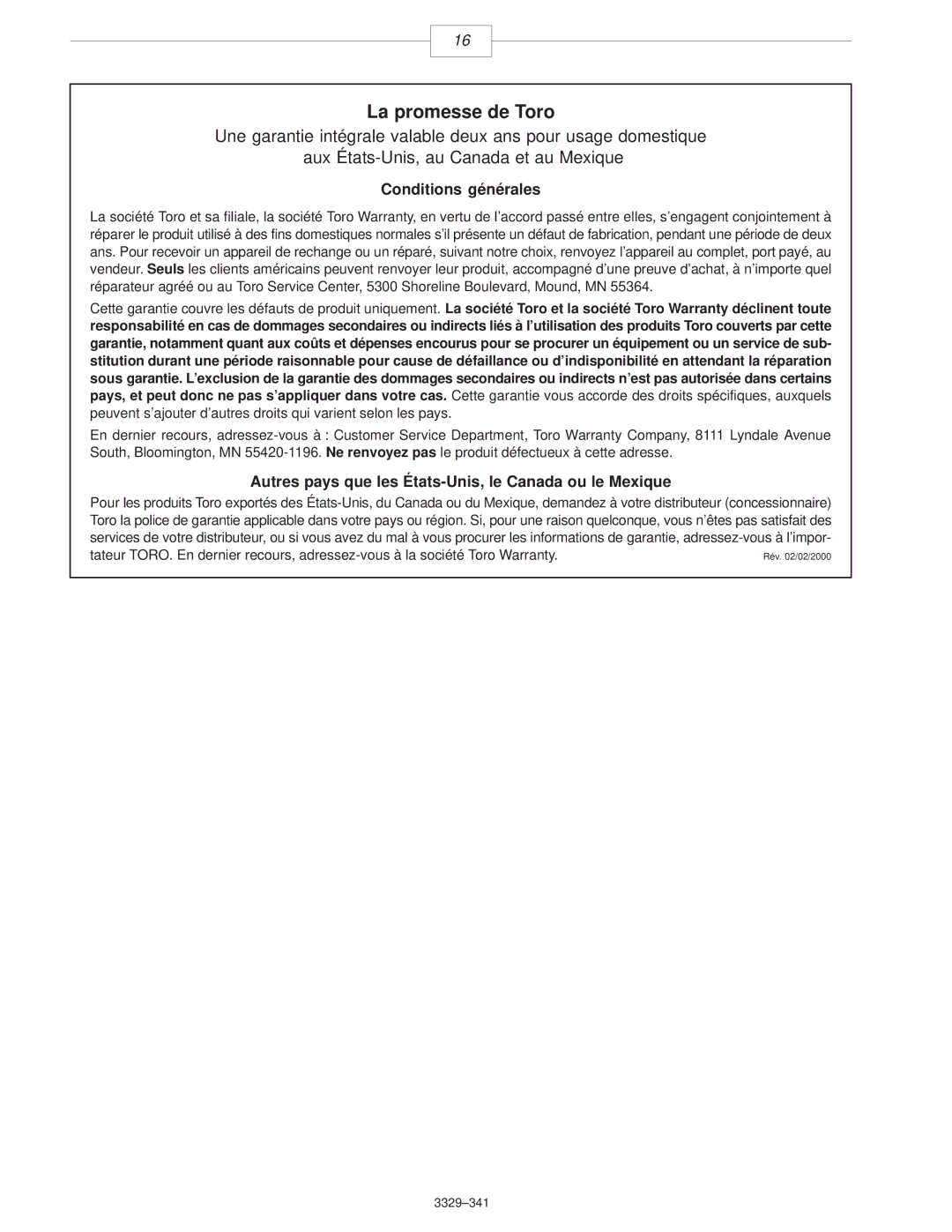 Toro 51465230000001 & Up manual Conditions générales, Autres pays que les États-Unis, le Canada ou le Mexique 