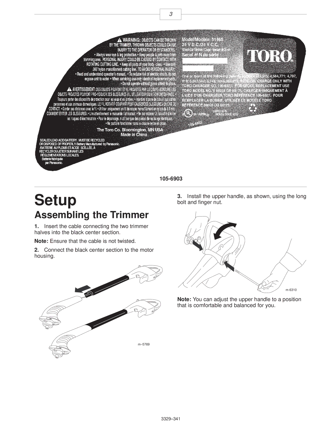 Toro 51465230000001 & Up manual Setup, Assembling the Trimmer, 105-6903 