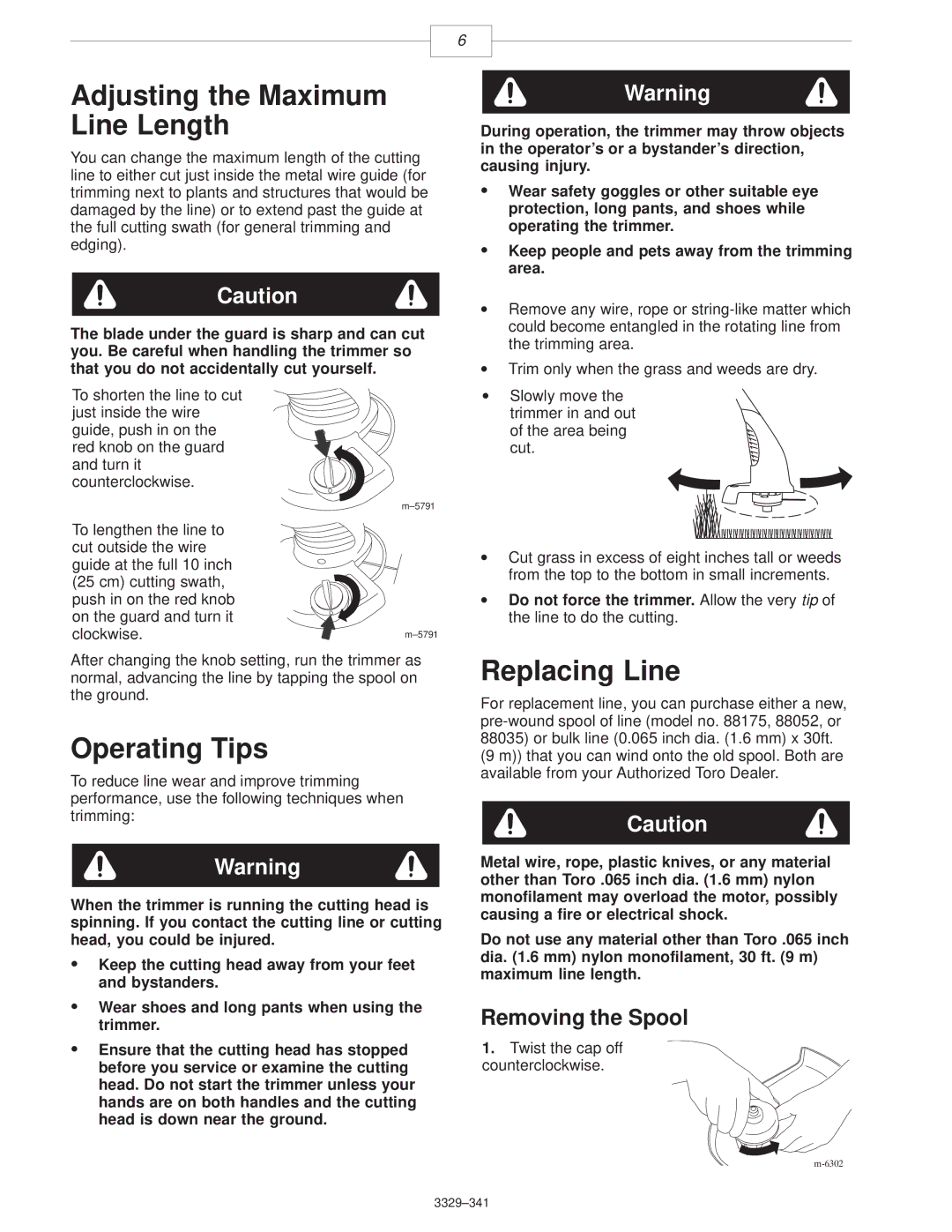 Toro 51465230000001 & Up manual Adjusting the Maximum Line Length, Operating Tips, Replacing Line 